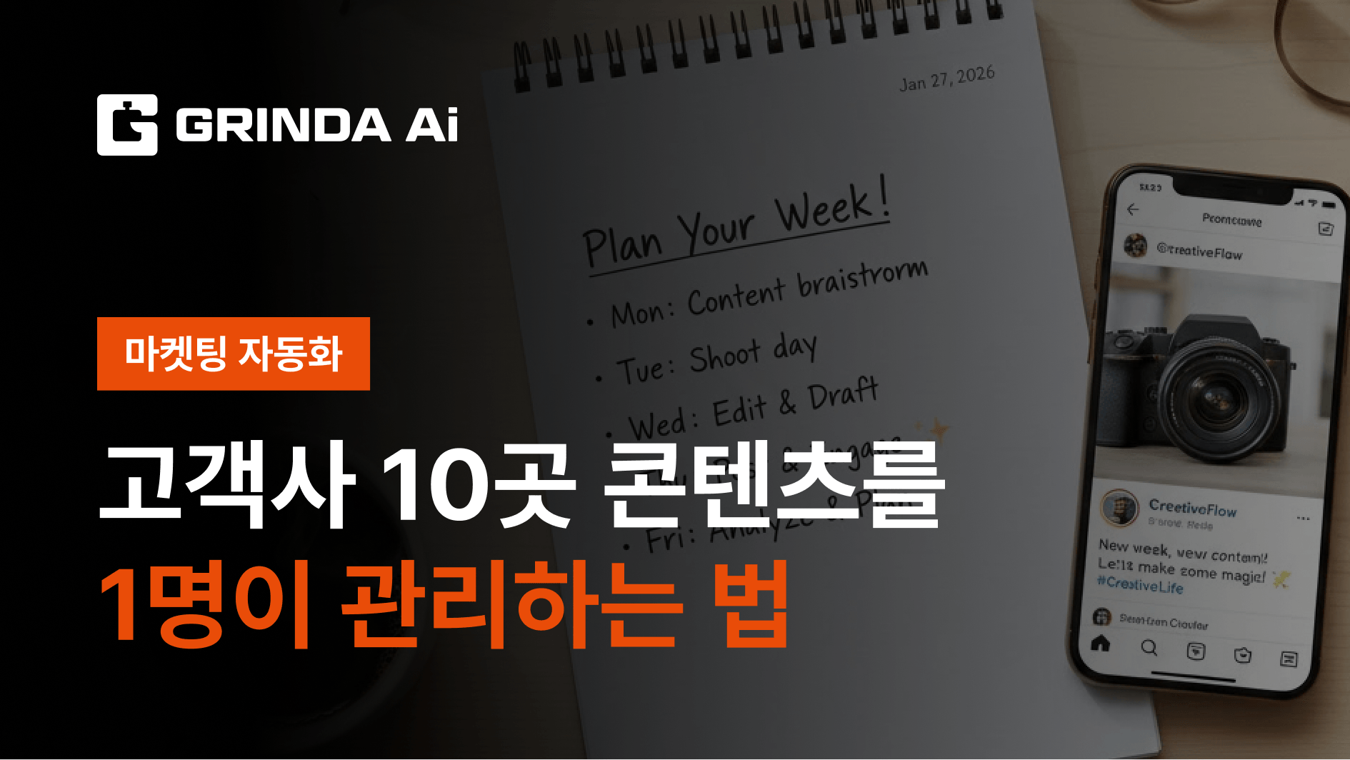 Satu Orang Mengelola Konten untuk 10 Klien - Agensi Marketing 산업 Otomatisasi Pemasaran AI 자동화 적용 시나리오 | Grinda AI